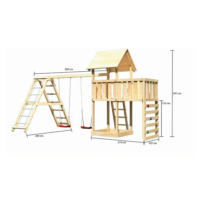 Karibu Kinderspielturm Lotti Set 46 - L x B x H: 264 x 522 x 291 cm, Natur - Abbildung eines Holzspielplatzes mit Schaukeln, Kletterwand, Leiter und Spielhaus. Die Maße sind in Zentimetern angegeben.