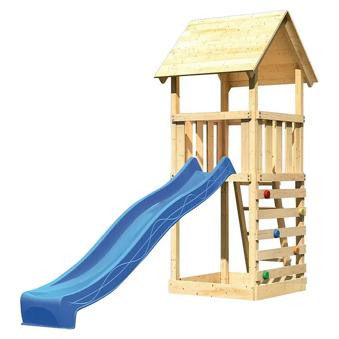 Karibu Kinderspielturm Lotti Set 17 - L x B x H: 107 x 107 x 291 cm, Natur/Blau - Holzspielturm mit blauer Rutsche und Kletterwand für Kinder zum Spielen im Freien.