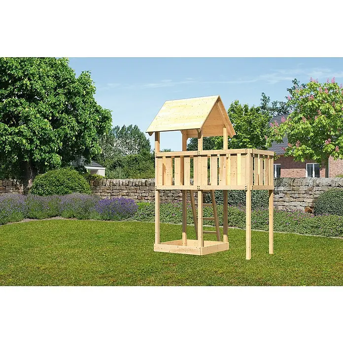 Karibu Kinderspielturm Lotti Set 6 - L x B x H: 107 x 214 x 291 cm, Natur - Ein hölzerner Spielturm mit Leiter und Dach in einem Garten. Perfekt für Kinder zum Spielen und Entdecken im Freien.