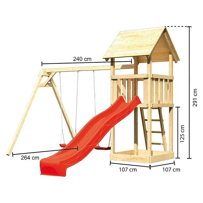 Karibu Kinderspielturm Lotti Set 10 - L x B x H: 264 x 347 x 291 cm, Natur/Rot - Abbildung eines Spielturms mit Schaukel und Rutsche, inklusive Maßangaben. Dieser Spielplatz bietet Spaß und fördert die körperliche Aktivität.