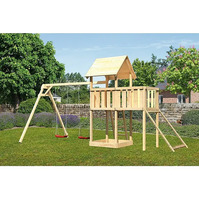 Karibu Kinderspielturm Lotti Set 43 - L x B x H: 264 x 454 x 291 cm, Natur - Holzspielplatz mit Schaukeln, Turm, Leiter und Rutsche im Garten für Kinder zum Spielen.