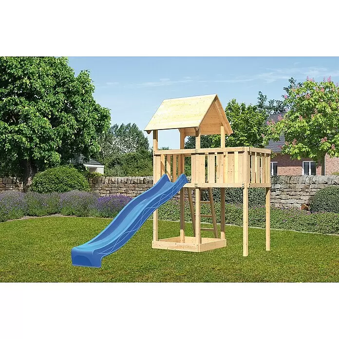 Karibu Kinderspielturm Lotti Set 13 - L x B x H: 107 x 214 x 291 cm, Natur/Blau - Hölzerner Spielturm mit blauer Rutsche für den Spielplatz im Garten.