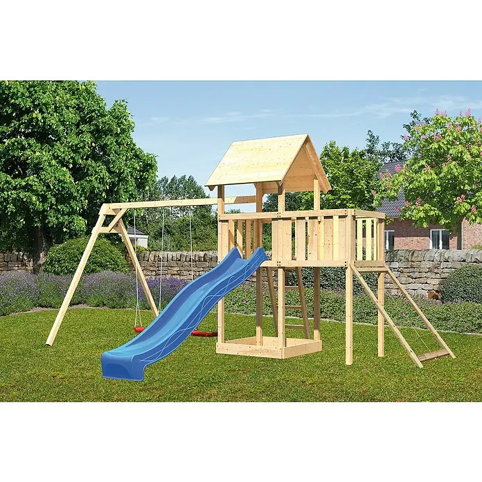 Karibu Kinderspielturm Lotti Set 47 - L x B x H: 264 x 454 x 291 cm, Natur/Blau - Ein hölzerner Spielplatz mit Rutsche, Schaukel und Klettergerüst im Garten. Ideal für Kinder zum Spielen und Toben im Freien.