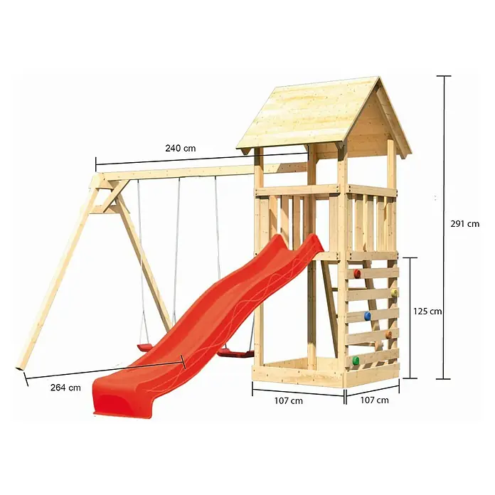 Karibu Kinderspielturm Lotti Set 36 - L x B x H: 264 x 347 x 291 cm, Natur/Blau - Abbildung eines Spielplatzes mit Schaukel, Rutsche und Kletterwand. Die Hauptfarben sind Rot und Naturholz.