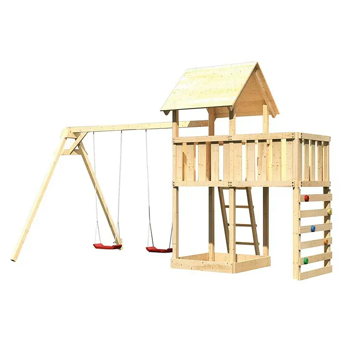 Karibu Kinderspielturm Lotti Set 45 - L x B x H: 264 x 454 x 291 cm, Natur - Holzspielplatz mit Schaukeln, Kletterwand und Spielhaus für endlosen Spaß im Freien. Ideal für aktive Kinder.