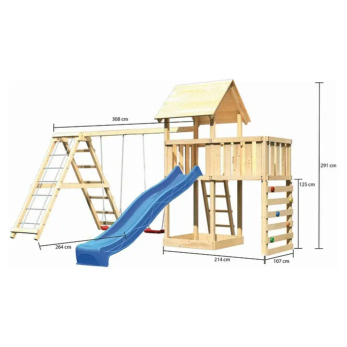 Karibu Kinderspielturm Lotti Set 53 - L x B x H: 264 x 522 x 291 cm, Natur/Blau - Ein hölzernes Kinderspielplatz-Set mit Schaukeln, einer Rutsche, einer Kletterwand und einem Spielhaus, das mit den Maßen beschriftet ist.