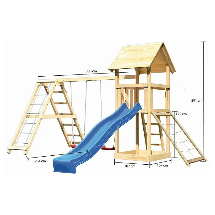 Karibu Kinderspielturm Lotti Set 33 - L x B x H: 264 x 415 x 291 cm, Natur/Blau - Abbildung eines Spielturms mit Schaukel, Rutsche und Kletterleiter mit den Maßen 308 cm x 291 cm x 264 cm.