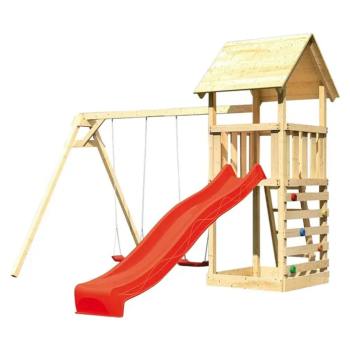 Karibu Kinderspielturm Lotti Set 36 - L x B x H: 264 x 347 x 291 cm, Natur/Blau - Ein hölzernes Spielhaus mit roter Rutsche und Schaukeln im Garten für Kinder. Das ideale Outdoor-Spielgerät für Spaß und Abenteuer.
