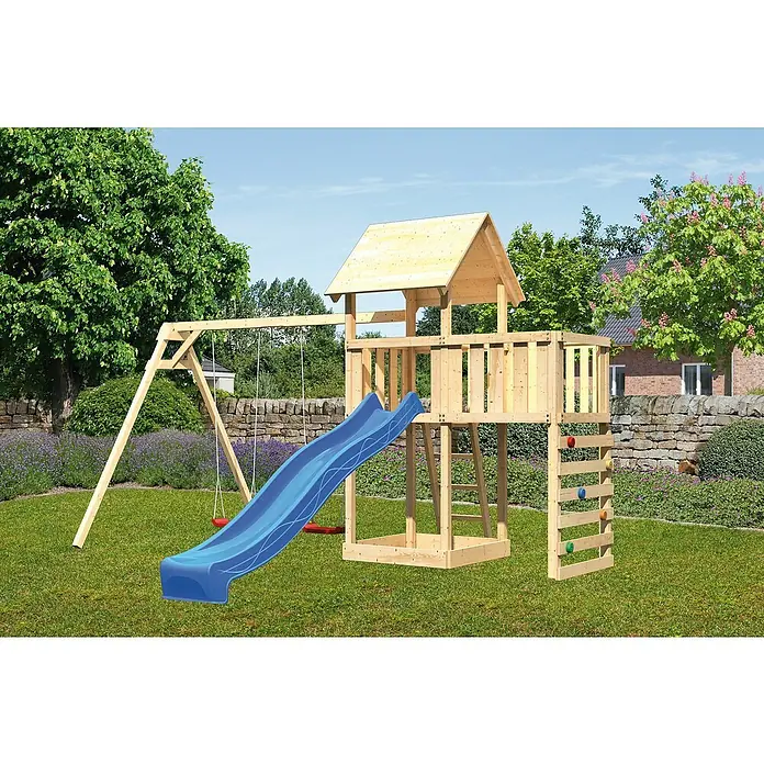 Karibu Kinderspielturm Lotti Set 51 - L x B x H: 264 x 454 x 291 cm, Natur/Blau - Ein hölzerner Kinderspielplatz mit Schaukel, Rutsche, Kletterwand und Spielhaus für Spaß im Garten.