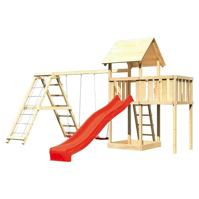 Karibu Kinderspielturm Lotti Set 30 - L x B x H: 264 x 522 x 291 cm, Natur/Rot - Holzspielplatz mit Rutsche, Schaukel und Klettergerüst für Kinder zum Spielen und Toben im Garten.