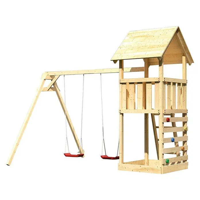 Karibu Kinderspielturm Lotti Set 23 - L x B x H: 264 x 347 x 291 cm, Natur - Holzspielturm mit zwei Schaukeln und Kletterwand für Kinder zum Spielen und Spaß haben im Garten.