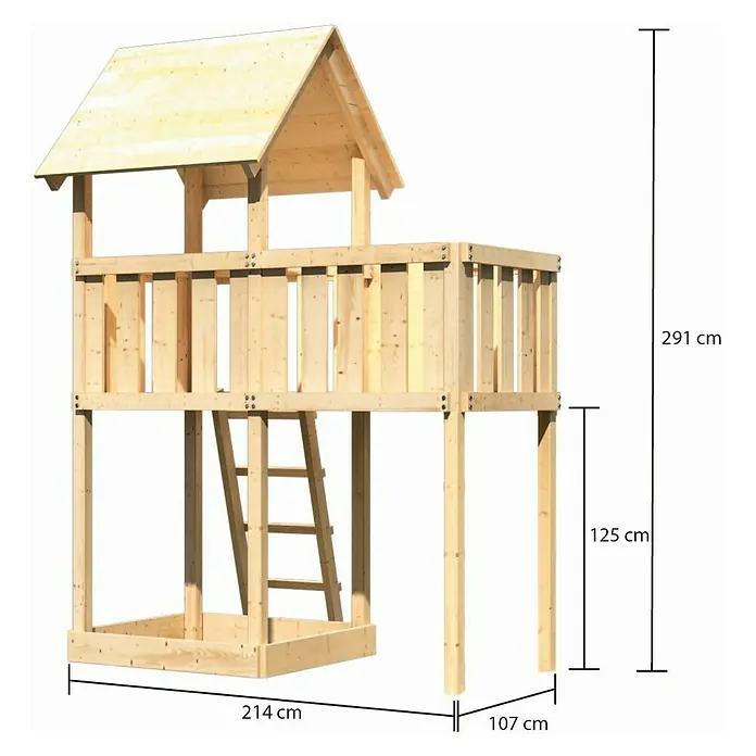 Karibu Kinderspielturm Lotti Set 6 - L x B x H: 107 x 214 x 291 cm, Natur - Bild eines hölzernen Kinderspielhauses mit einer Höhe von 291 cm, einer Breite von 214 cm und einer Tiefe von 107 cm.