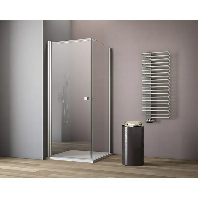 GEO Hit Eckdusche B-F100 - 90 x 80 x 202,2 cm, Beschichtet, Silber, Glasstärke: 6 mm, DIN Anschlag: Links - Elegante Duschkabine mit klarem Glas und silbernen Beschlägen in einem modernen Badezimmer. Der Handtuchwärmer sorgt für zusätzlichen Komfort.