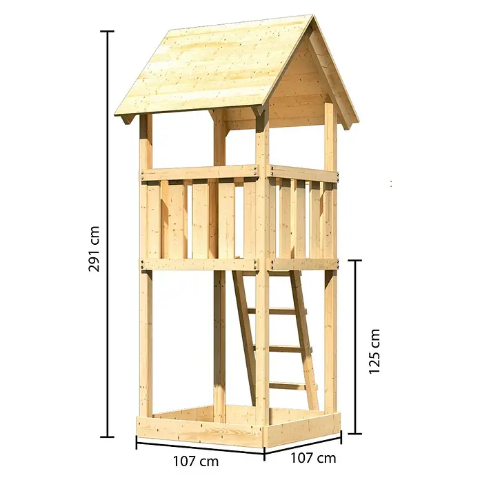 Karibu Kinderspielturm Lotti Set 1 - L x B x H: 107 x 107 x 291 cm, Natur - Abbildung eines zweistöckigen Spielturms aus Holz mit den Maßen 291 cm Höhe und 107 cm Breite.