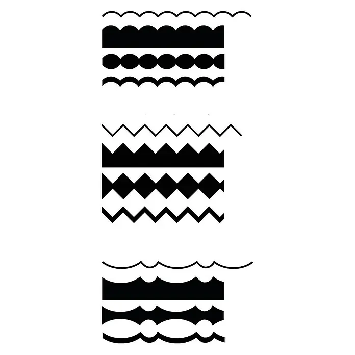 Artemio Set de tijeras Formas 2 - Metal, 5 x 12 cm - Ilustración en blanco y negro de diversos patrones de bordes decorativos para proyectos y diseños creativos.