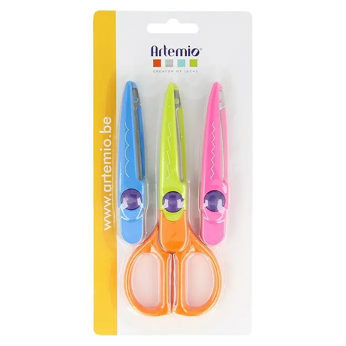 Artemio Set de tijeras Formas 1 - Metal, 5 x 12 cm - Paquete de tijeras de manualidades Artemio con tres pares en azul, verde y rosa, ideal para proyectos creativos y manualidades infantiles.