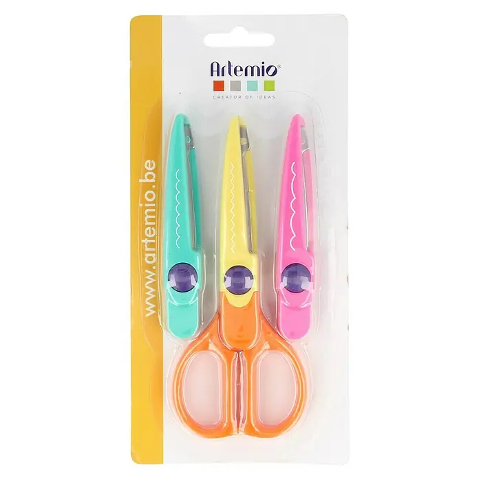 Artemio Set de tijeras Formas 2 - Metal, 5 x 12 cm - Paquete de tijeras para manualidades Artemio con mangos de colores y hojas en zigzag para proyectos creativos.