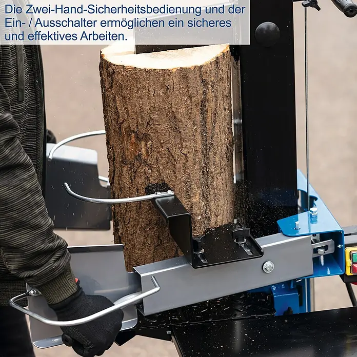 Scheppach Holzspalter HL810 - 3.500 W, 8 t, Max. Spaltgutlänge: 55 cm - Die Zwei-Hand-Sicherheitsbedienung und der Ein-/Ausschalter ermöglichen ein sicheres und effektives Arbeiten mit dem Holzspalter.