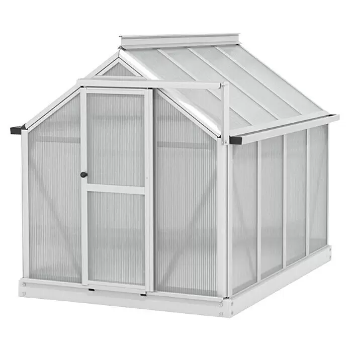 Vitavia Gewächshaus Merlin - Außenmaß inkl. Dachüberstand (B x T): 87,2 x 111,6 cm, Material Seitenwand: Kunststoff, 4 mm, Aluminium - Weißes Aluminium-Gewächshaus mit durchsichtigen Platten und Satteldach, mit Scharniertür für den Gartenbau.