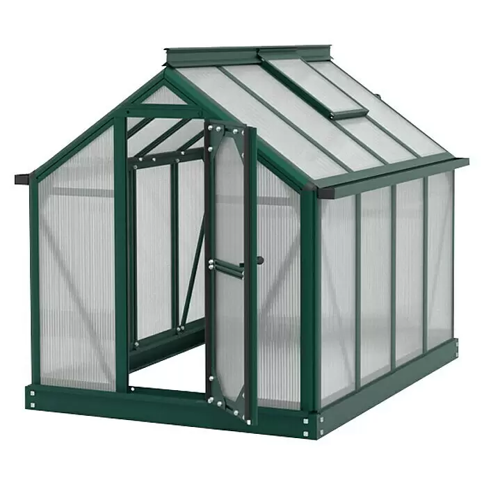 Vitavia Gewächshaus Merlin - Außenmaß inkl. Dachüberstand (B x T): 87,2 x 111,6 cm, Material Seitenwand: Kunststoff, 4 mm, Smaragd - Grünes Gewächshaus mit lichtdurchlässigen Paneelen, einer offenen Tür und einer Dachluke zur Belüftung.