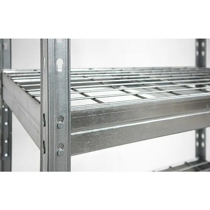 AR Shelving Schwerlastregal Rivet Wire - H x B x T: 180 x 120 x 45 cm, Traglast pro Boden: 225 kg, Anzahl Böden: 5 Stk., Stecken, Silber - Detailaufnahme eines robusten Metallregals mit Drahtböden, ideal für Lagerung und Organisation.
