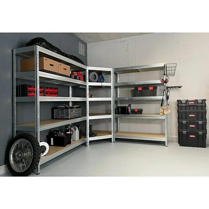 AR Shelving Schwerlastregal RivetH x B x T: 180 x 120 x 45 cm, Traglast pro Boden: 250 kg, Anzahl Böden: 5 Stk., Stecken, Silber - Gut organisierte Garage mit robusten Metallregalen zur Aufbewahrung von Werkzeugen, Kisten und Autoteilen. Praktisch und platzsparend.