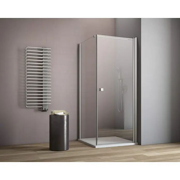GEO Hit Eckdusche B-F100 - 90 x 90 x 202,2 cm, Unbeschichtet, Silber, Glasstärke: 6 mm, DIN Anschlag: Rechts - Ein modernes Badezimmer mit einer Duschkabine mit klaren Glaswänden und silbernen Rahmen sowie einem Handtuchwärmer.