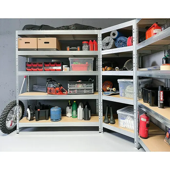 AR Shelving Schwerlastregal Rivet - H x B x T: 180 x 90 x 45 cm, Traglast pro Boden: 250 kg, Anzahl Böden: 5 Stk., Stecken, Silber - Aufnahme eines Metallregals mit Werkzeugen, Behältern und verschiedenen Gegenständen, die für Ordnung und Funktionalität sorgen.