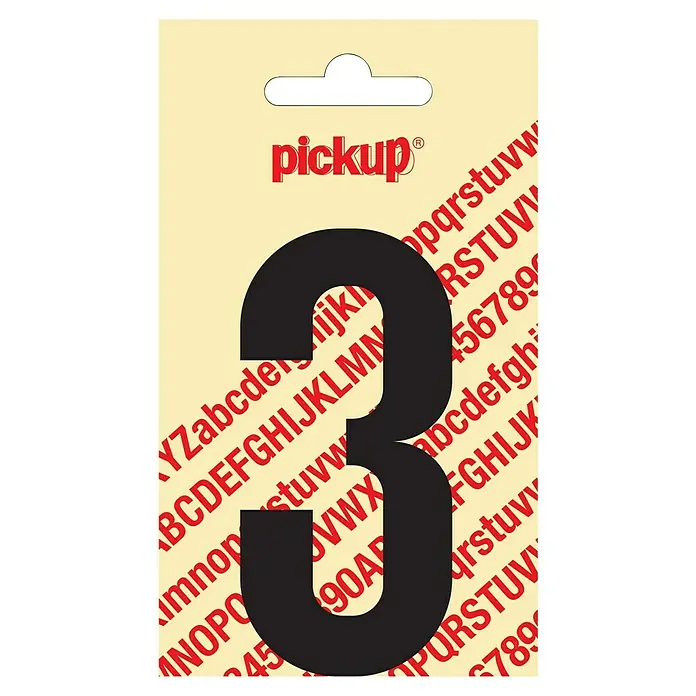 Pickup Aufkleber - Motiv: 3, Schwarz, Höhe: 90 mm - Auf dem Bild ist ein schwarze "Pickup" Nummer 3 auf gelbem Hintergrund mit Buchstaben und Zahlen.
