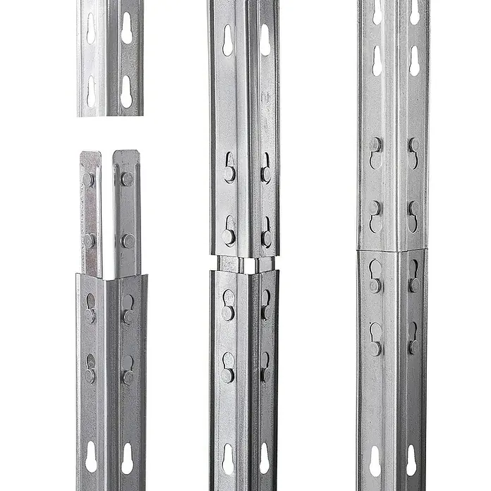 AR Shelving Schwerlastregal Rivet Wire - H x B x T: 180 x 120 x 45 cm, Traglast pro Boden: 225 kg, Anzahl Böden: 5 Stk., Stecken, Silber - Das Bild zeigt Metallelemente zur Montage eines Regalsystems, die Stabilität und Anpassungsfähigkeit bieten.