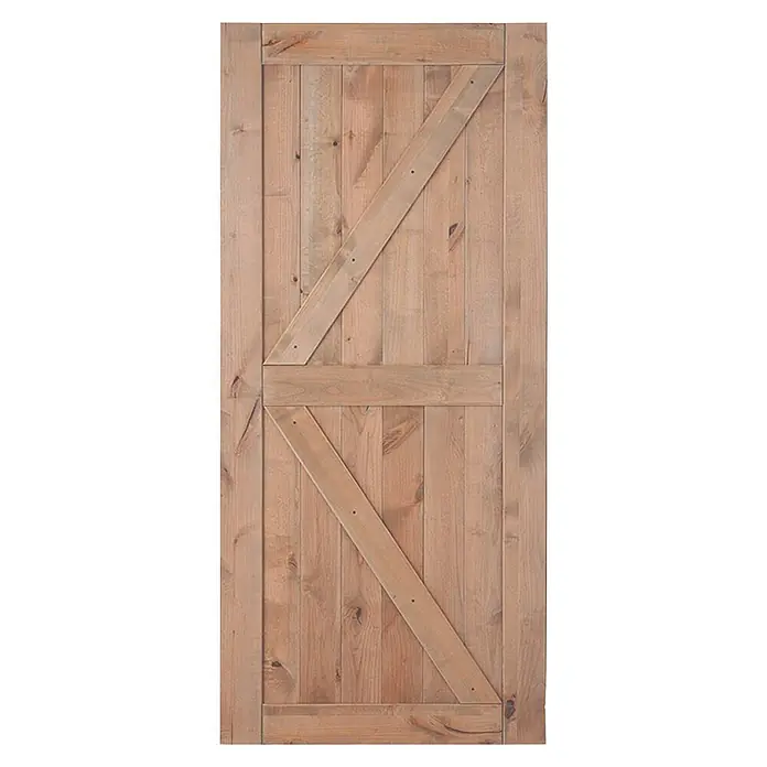 Puerta corredera de madera Grover - An x Al: 75 x 210 cm - Puerta de madera rústica con patrón en Z. La puerta es de madera clara y tiene un aspecto clásico de puerta de granero, ideal para interiores de estilo rústico.