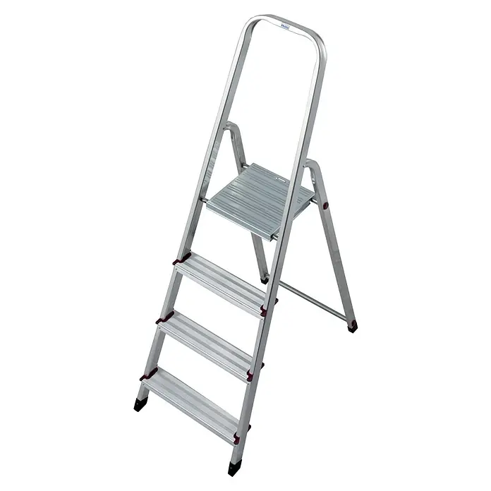 Krause Corda Stehleiter - Arbeitshöhe: 2,8 m, Anzahl Tritte: 4 Stk., Belastbarkeit: 150 kg, Aluminium - Bild einer silberfarbenen Aluminium-Trittleiter mit vier Stufen, die sich ideal für verschiedene Aufgaben im Haushalt oder am Arbeitsplatz eignet.