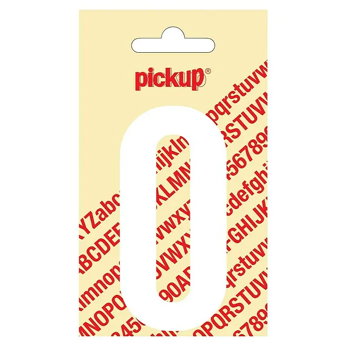 Pickup Aufkleber - Motiv: 0, Weiß, Höhe: 90 mm - Auf dem Bild ist eine Packung "Pickup"-Buchstabenaufkleber zu sehen, die rote Buchstaben auf einem gelben Hintergrund zeigt.