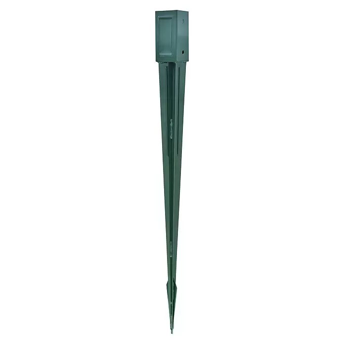 Einschlagbodenhülse SPIKX - 900 x 71 x 71 mm, Grün - Grüner Metall-Erdspieß mit spitzem Ende und quadratischem Oberteil zur Befestigung von Pfosten.