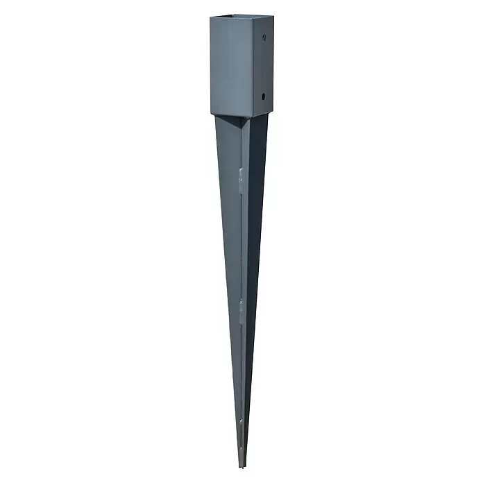 Einschlagbodenhülse - 750 x 71 x 71 mm - Grauer Metall-Bodenanker, ein Pfostenträger zur sicheren Befestigung von Vierkantpfosten im Boden.