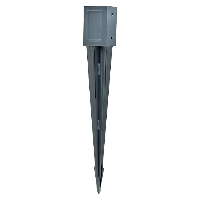 Einschlagbodenhülse SPIKX - 750 x 91 x 91 mm, Anthrazit - Ein grauer Erdanker für sicheren Halt von Pfosten oder Masten im Garten. Die spitze Form ermöglicht einfaches Einsetzen in den Boden.