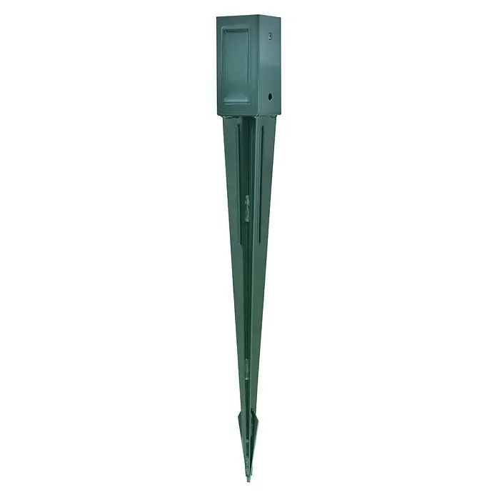 Einschlagbodenhülse SPIKX - 750 x 71 x 71 mm, Grün - Dunkelgrüner Metallpfostenanker mit quadratischem Oberteil und spitzem V-förmigem Erdspieß.