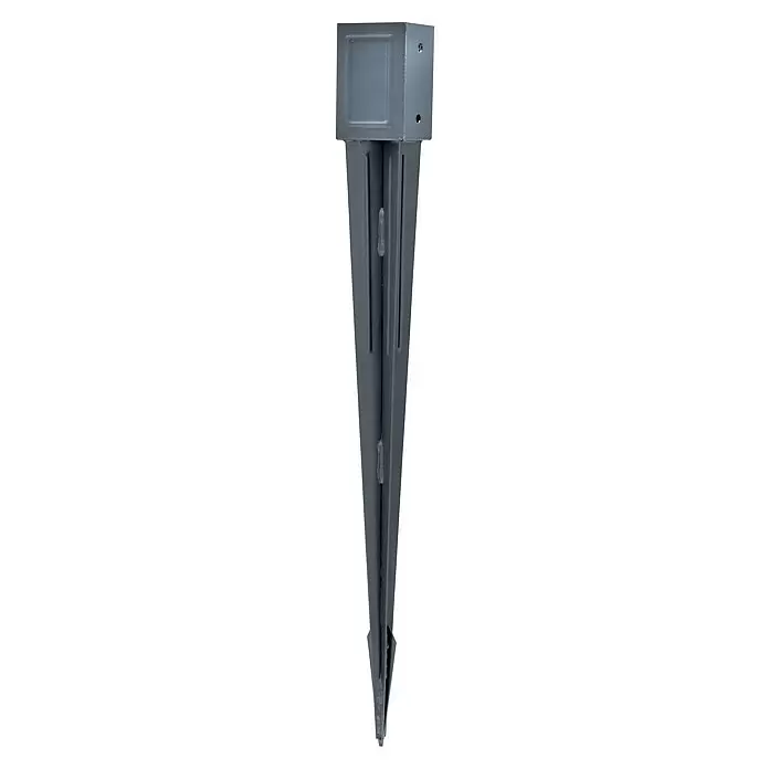 Einschlagbodenhülse SPIKX - 900 x 91 x 91 mm, Anthrazit - Dunkelgrauer Metall-Pfostenanker mit quadratischem Aufsatz und spitzer Unterseite.