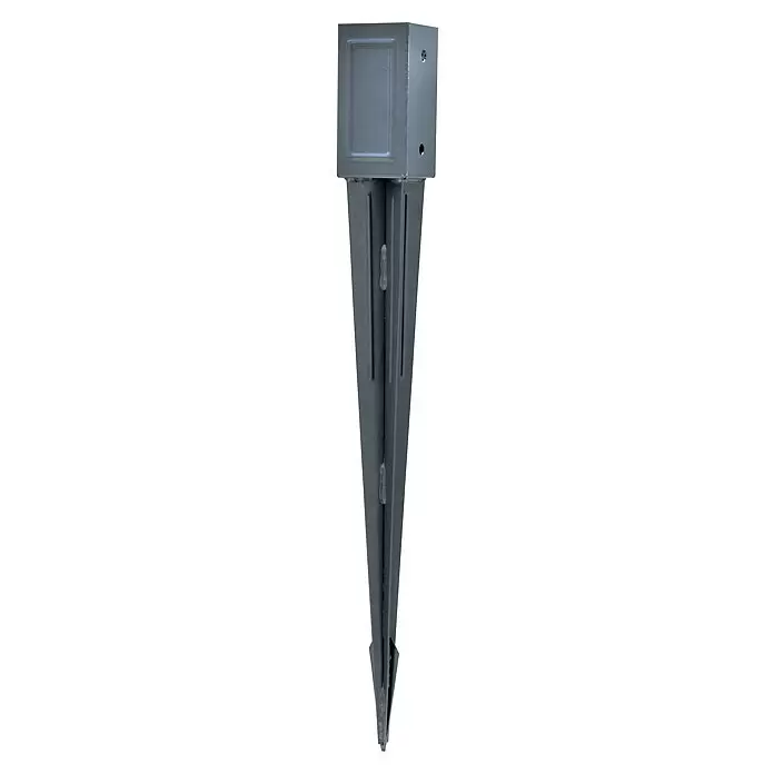 Einschlagbodenhülse SPIKX - 750 x 71 x 71 mm, Anthrazit - Dunkelgraue Metall-Pfostenhülse mit quadratischer Aufnahme und spitz zulaufendem, geripptem Erdspieß zum Bodenankern.