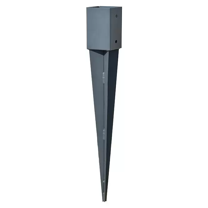 Einschlagbodenhülse - 750 x 91 x 91 mm - Grauer Metallpfostenträger mit Vierkanthülse für Pfosten und spitzer Erdspieß.