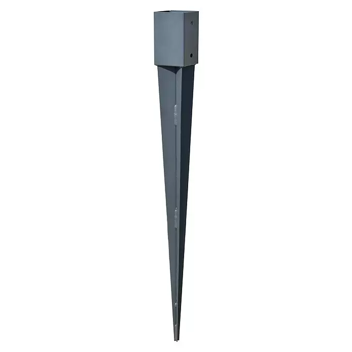 Einschlagbodenhülse - 900 x 91 x 91 mm - Graue Metall-Pfostenspitze mit quadratischem Sockel und spitzem Erdanker.