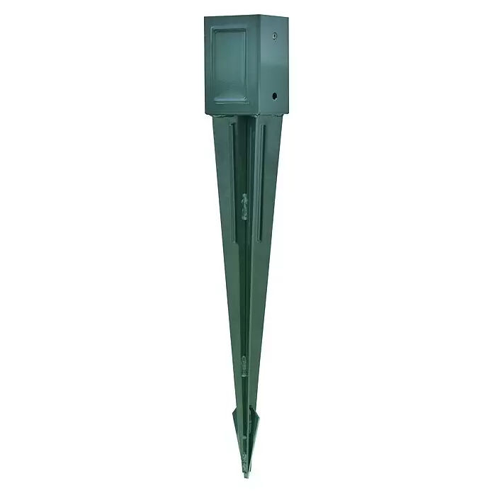 Einschlagbodenhülse SPIKX - 750 x 91 x 91 mm, Grün - Grüner Metall-Erdpfahl mit spitzem Ende und quadratischem Kopf, zum einfachen Einstecken in den Boden.