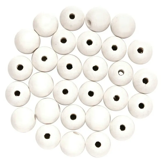 Glorex Holzperlen - Weiß, Durchmesser: 12 mm, 28 Stk. - Nahaufnahme von 27 weißen Holzperlen. Diese unbehandelten Perlen sind perfekt für DIY-Schmuckprojekte.