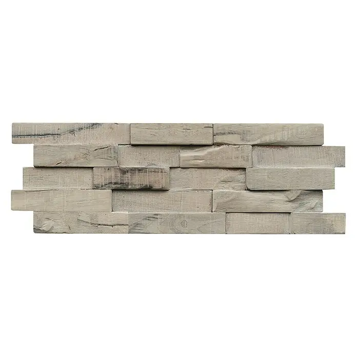 Indo Wandpaneel 3D Wall Slimwood Gun Smoked - Hevea, 560 x 200 x 8 mm - Nahaufnahme einer Akzentwand aus Holzpaneelen mit unregelmäßiger Textur in Grautönen. Ideal für rustikale und moderne Innenräume.
