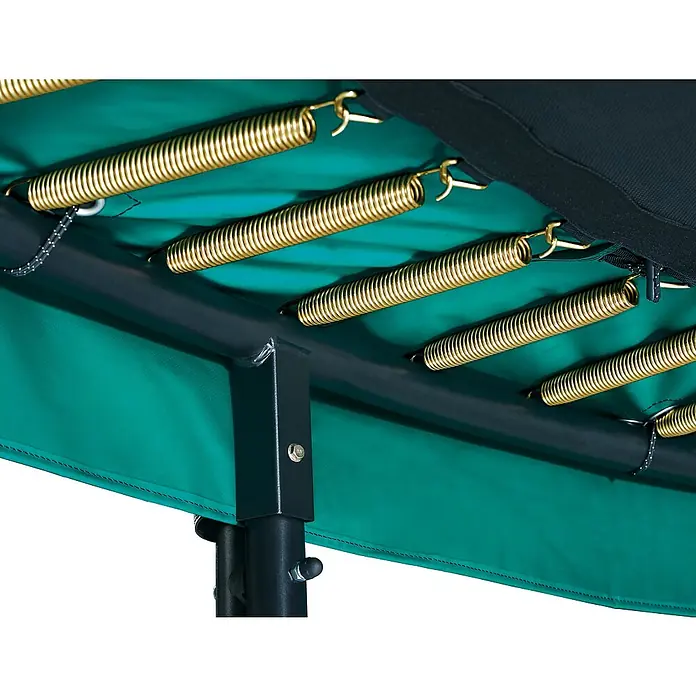 Salta Trampolin First Class - Durchmesser: 251 cm, Grün - Detailansicht der Trampolinfederung, die goldene Federn und eine robuste Rahmenkonstruktion zeigt. Ideal für sicheres Springen und langanhaltenden Spaß.