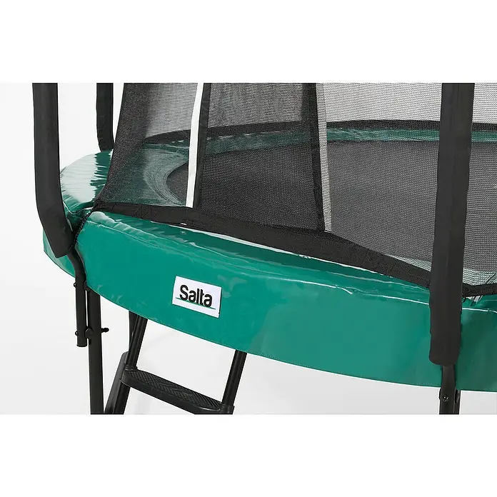 Salta Trampolin First Class - Durchmesser: 251 cm, Grün - Nahaufnahme eines Salta-Gartentrampolins mit Sicherheitsnetz und Leiter, ideal für Familienspaß im Freien.
