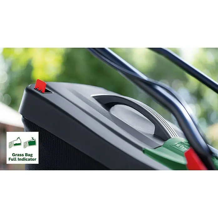 Bosch Power for All 18V Akku-Rasenmäher UniversalRotak 2x18V-37-550 - 18 V, Ohne Akku, Schnittbreite: 37 cm - Detailaufnahme eines Rasenmähers, das den Indikator für den vollen Grasfangsack und den Griffbereich zeigt.