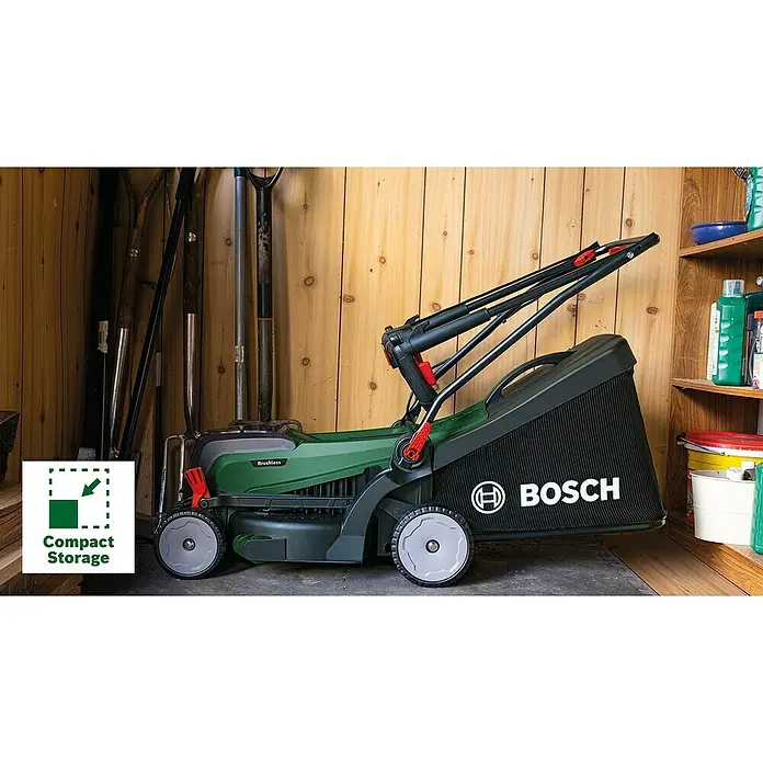Bosch Power for All 18V Akku-Rasenmäher UniversalRotak 2x18V-37-550 - 18 V, Ohne Akku, Schnittbreite: 37 cm - Rasenmäher von Bosch, ideal für die kompakte Lagerung. Das Gerät ist grün-schwarz und steht in einer Garage.