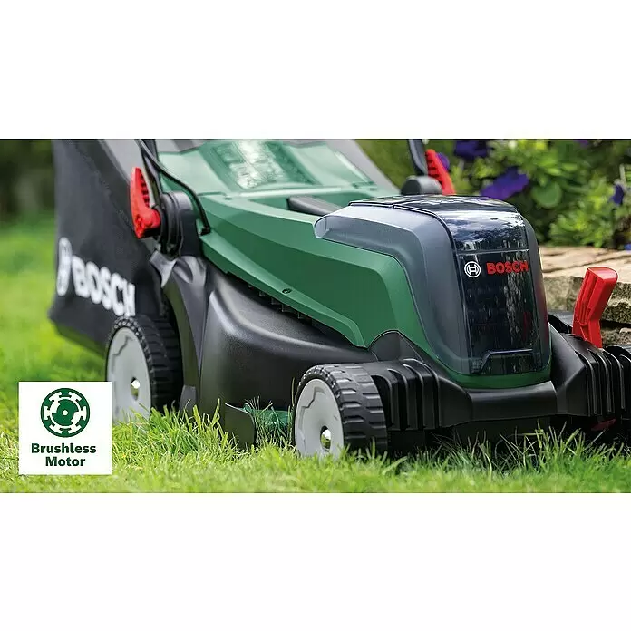 Bosch Power for All 18V Akku-Rasenmäher UniversalRotak 2x18V-37-550 - 18 V, Ohne Akku, Schnittbreite: 37 cm - Grüner und schwarzer Bosch Rasenmäher mit roten Akzenten und bürstenlosem Motor-Logo.