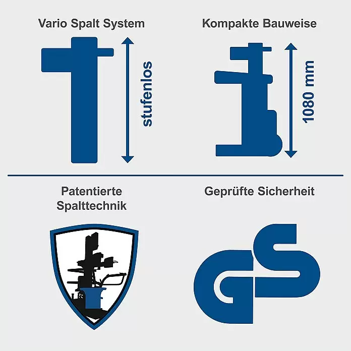 Scheppach Holzspalter Compact 15T - 15 t, Max. Spaltgutlänge: 107 cm - Vier Merkmalsymbole für einen Holzspalter: variables Spaltsystem, kompaktes 1080mm Design, patentierte Technik und geprüfte Sicherheit (GS-Zeichen).